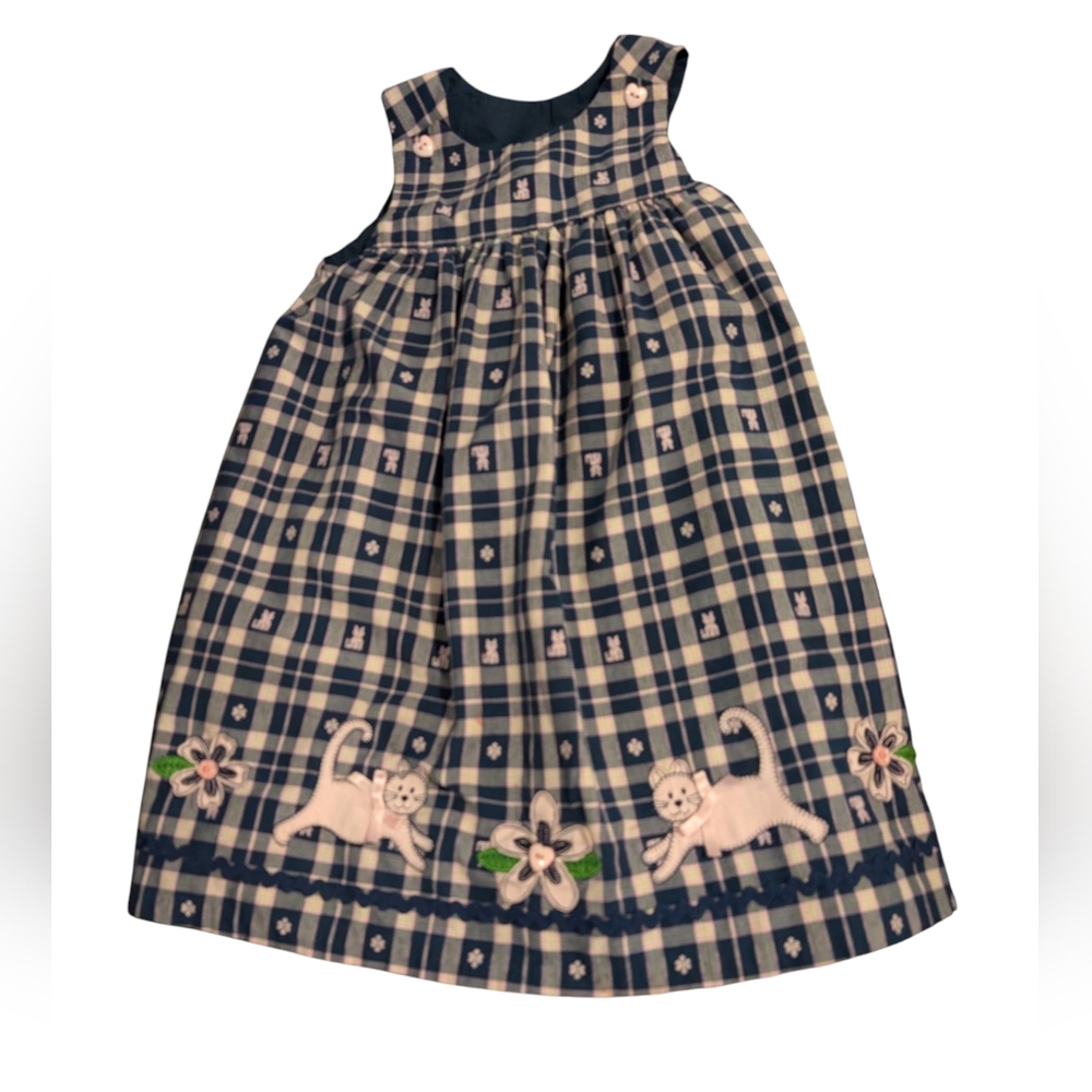 Vintage Girls Pink Navy Plaid Overall Dress Embroidered & Applique Cats Size 6X